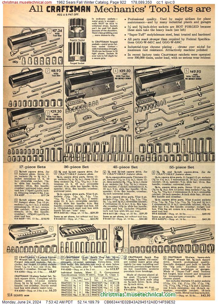 1962 Sears Fall Winter Catalog, Page 922