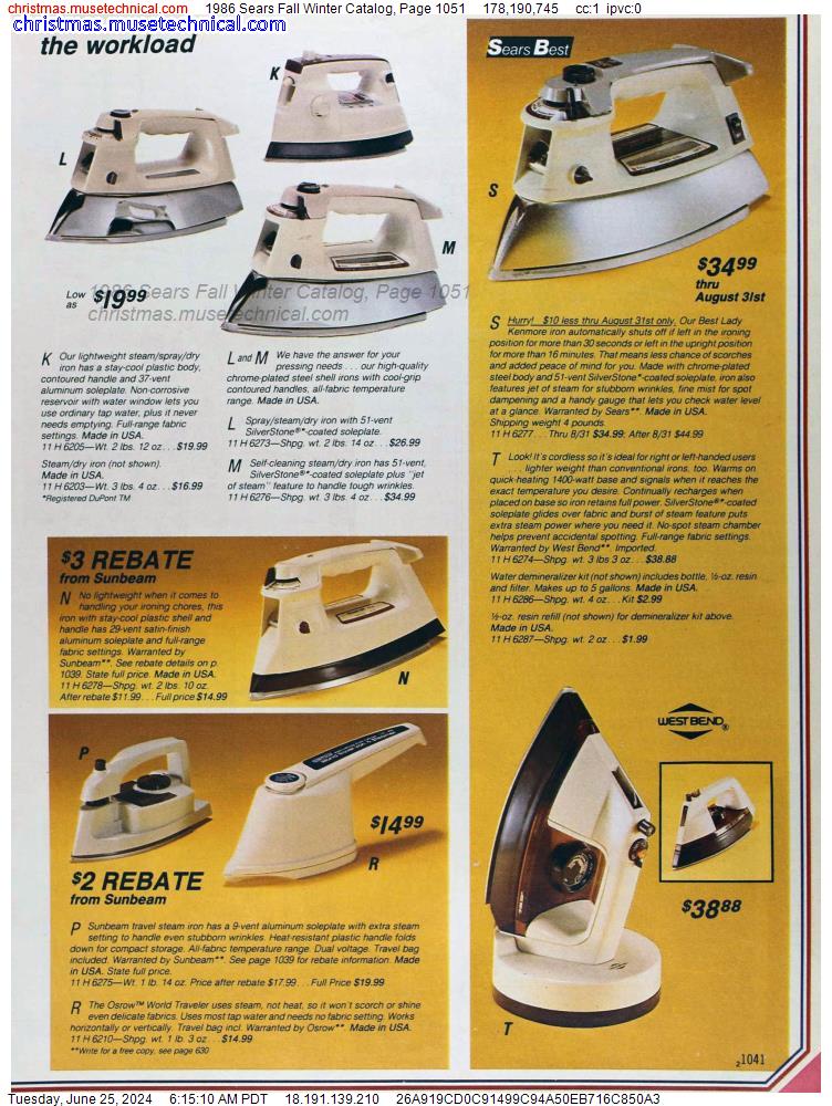 1986 Sears Fall Winter Catalog, Page 1051