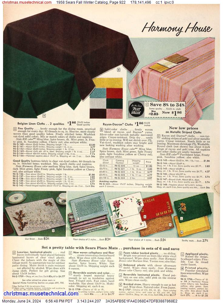 1958 Sears Fall Winter Catalog, Page 922