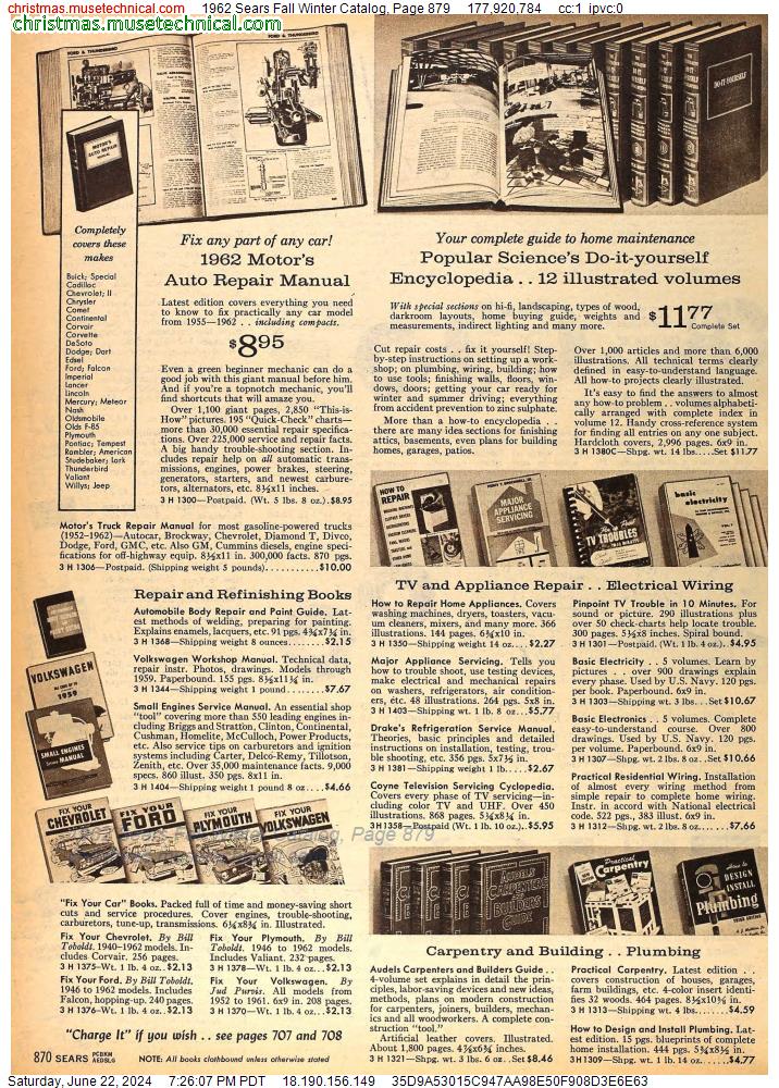 1962 Sears Fall Winter Catalog, Page 879