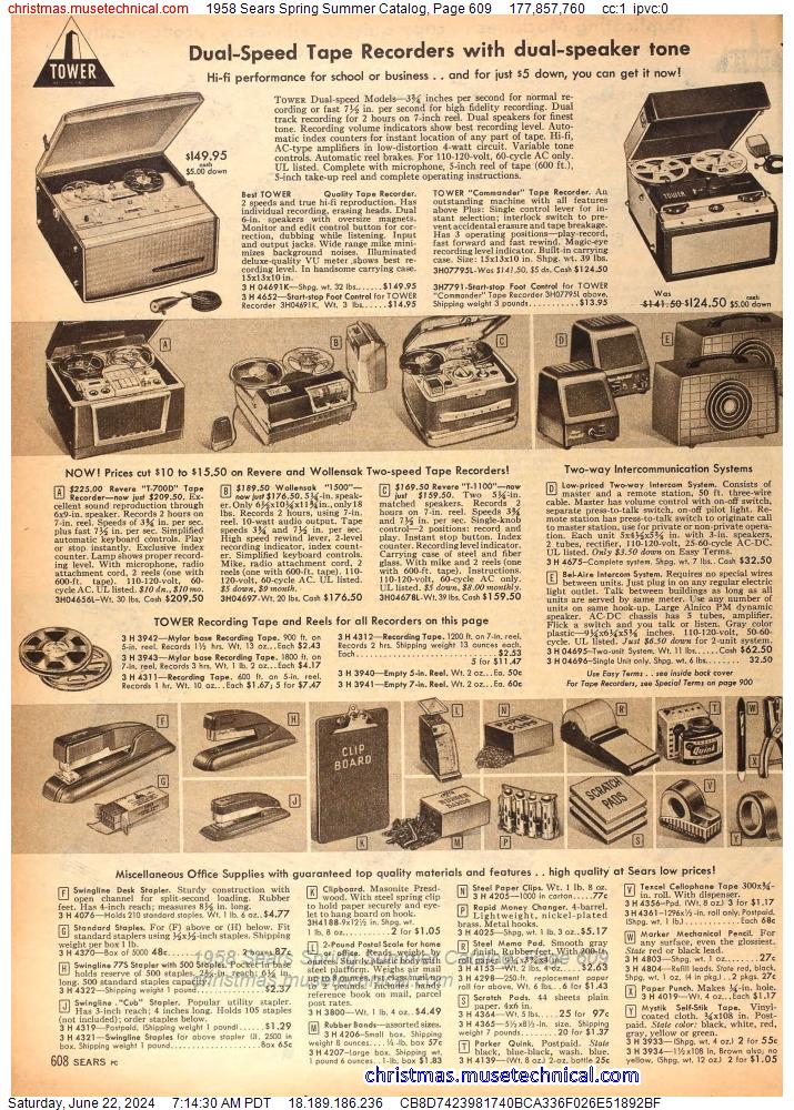 1958 Sears Spring Summer Catalog, Page 609