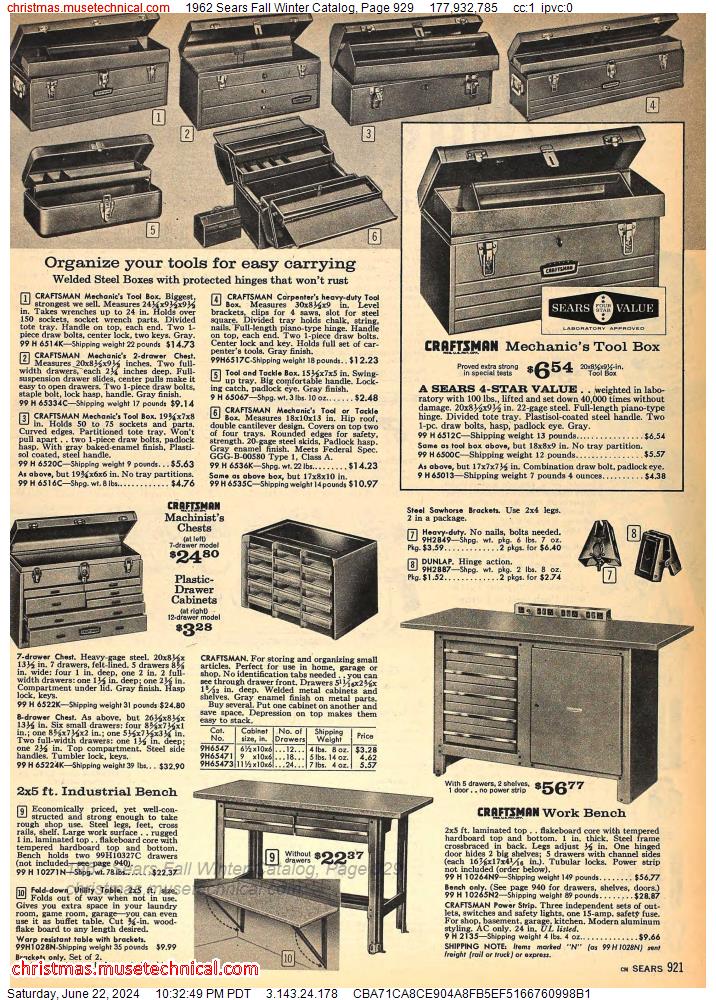 1962 Sears Fall Winter Catalog, Page 929