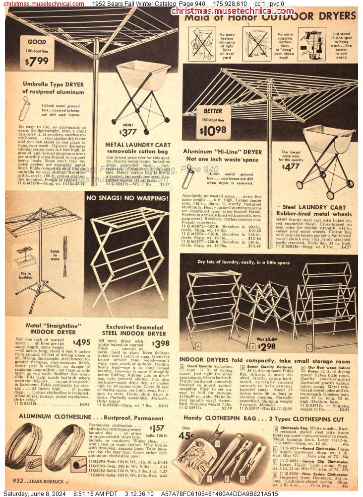 1952 Sears Fall Winter Catalog, Page 940