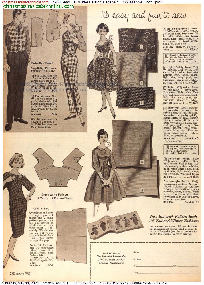 1960 Sears Fall Winter Catalog, Page 287