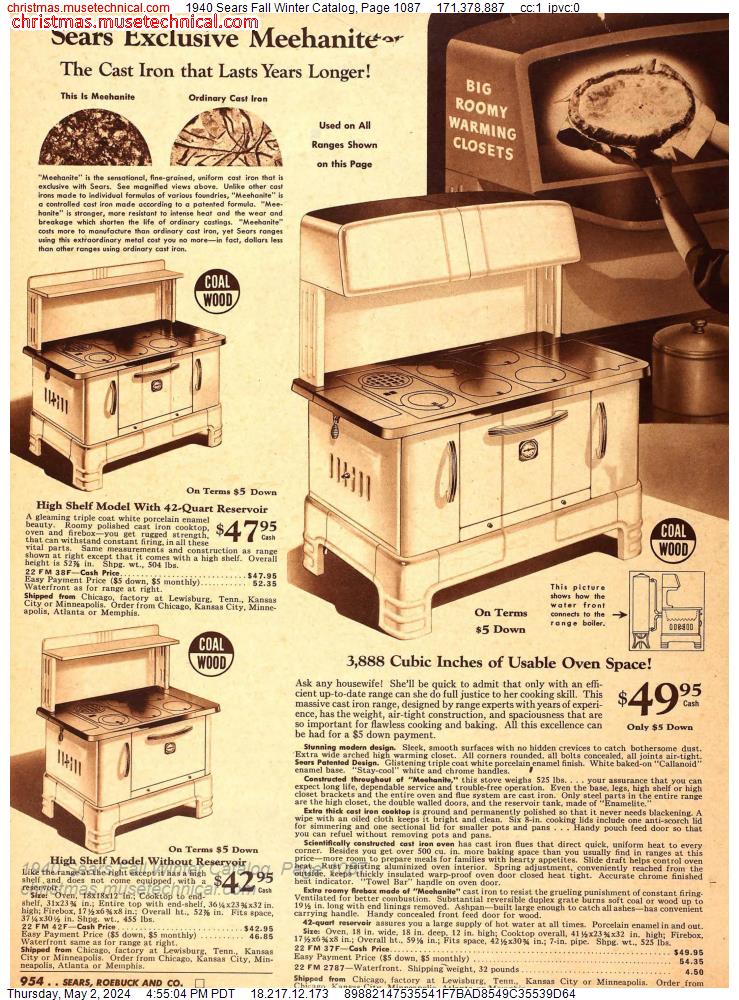 1940 Sears Fall Winter Catalog, Page 1087