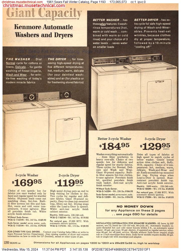 1961 Sears Fall Winter Catalog, Page 1193