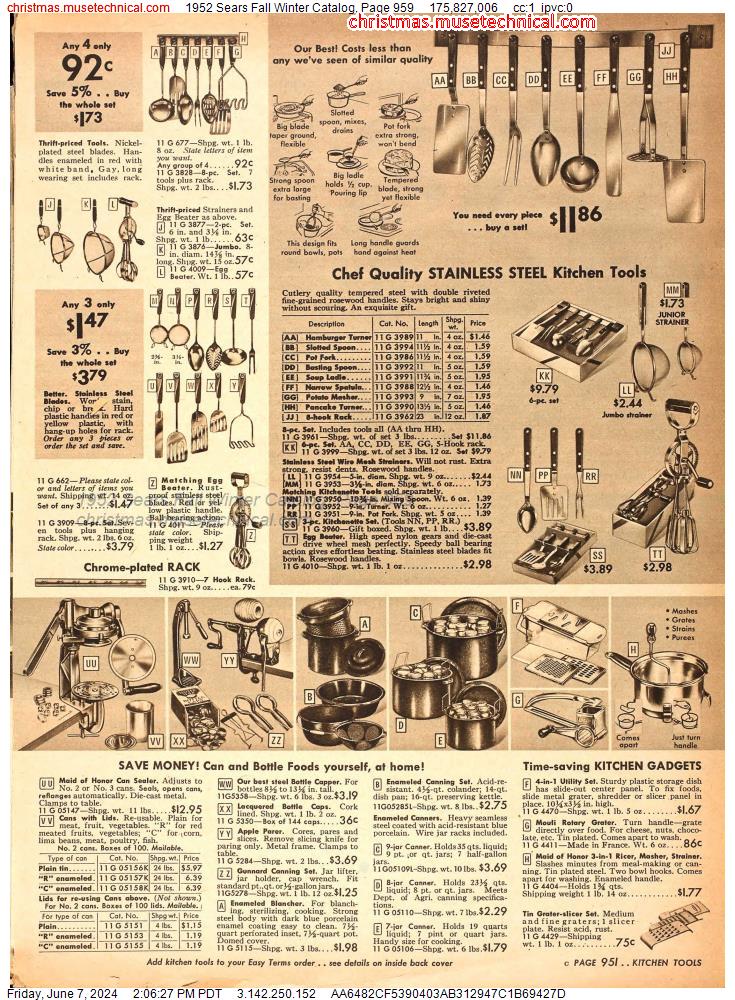 1952 Sears Fall Winter Catalog, Page 959