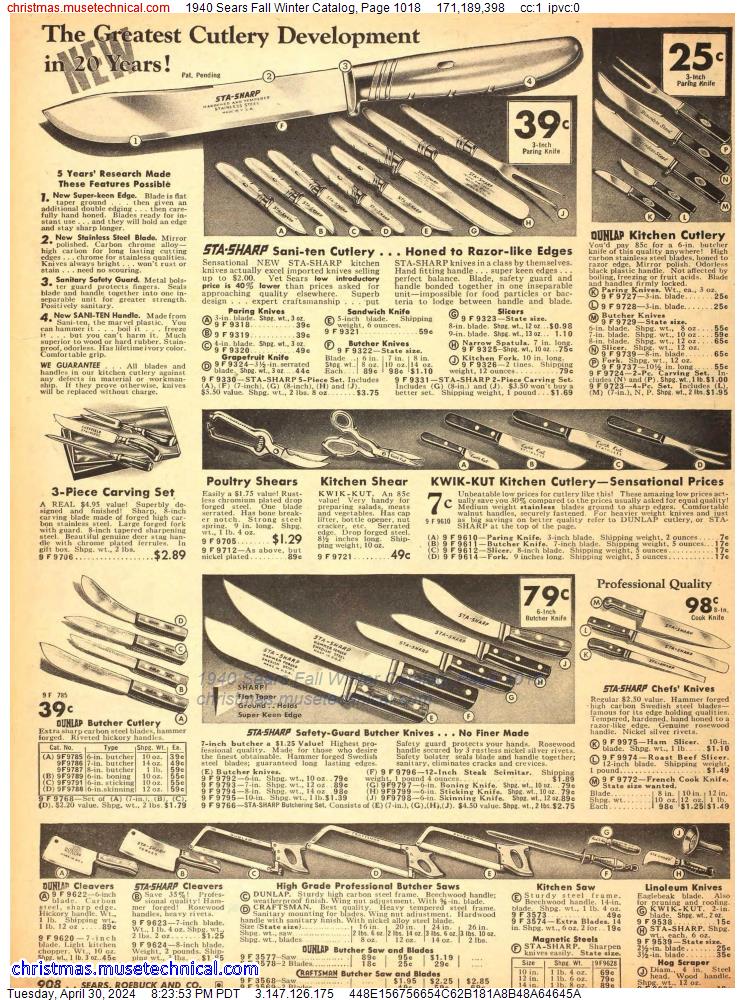 1940 Sears Fall Winter Catalog, Page 1018