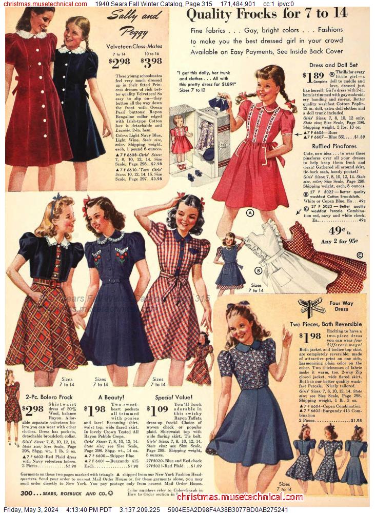 1940 Sears Fall Winter Catalog, Page 315