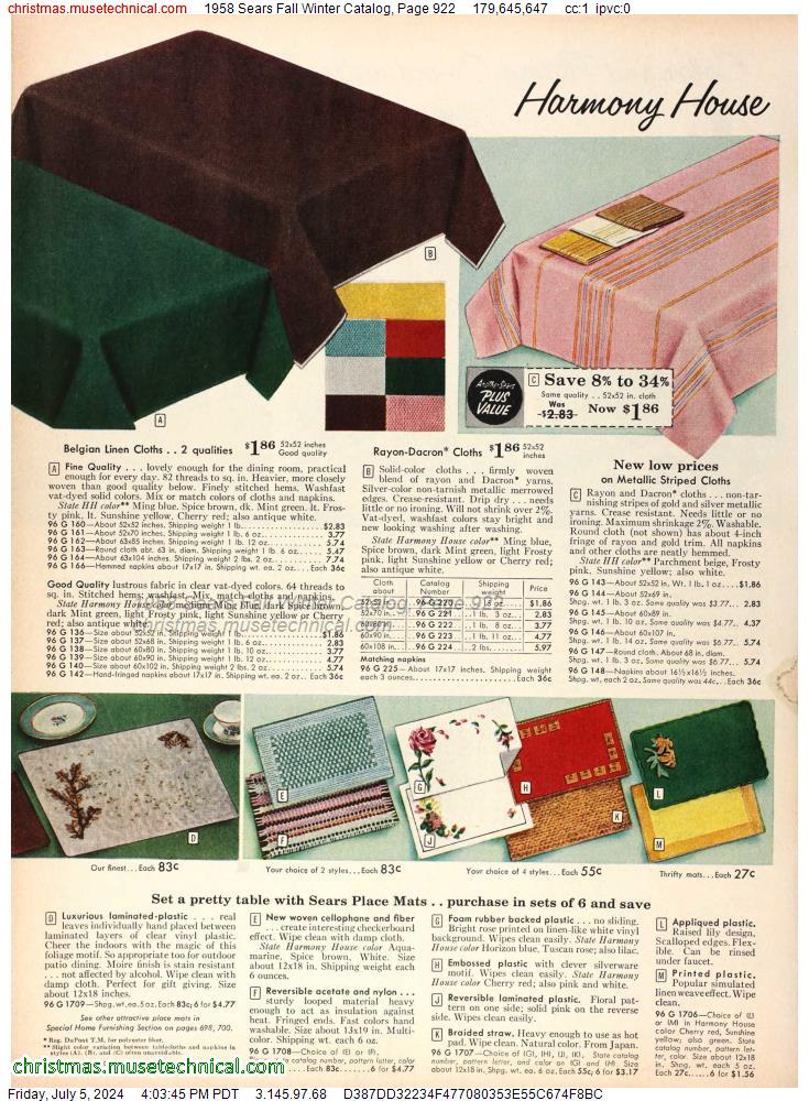 1958 Sears Fall Winter Catalog, Page 922