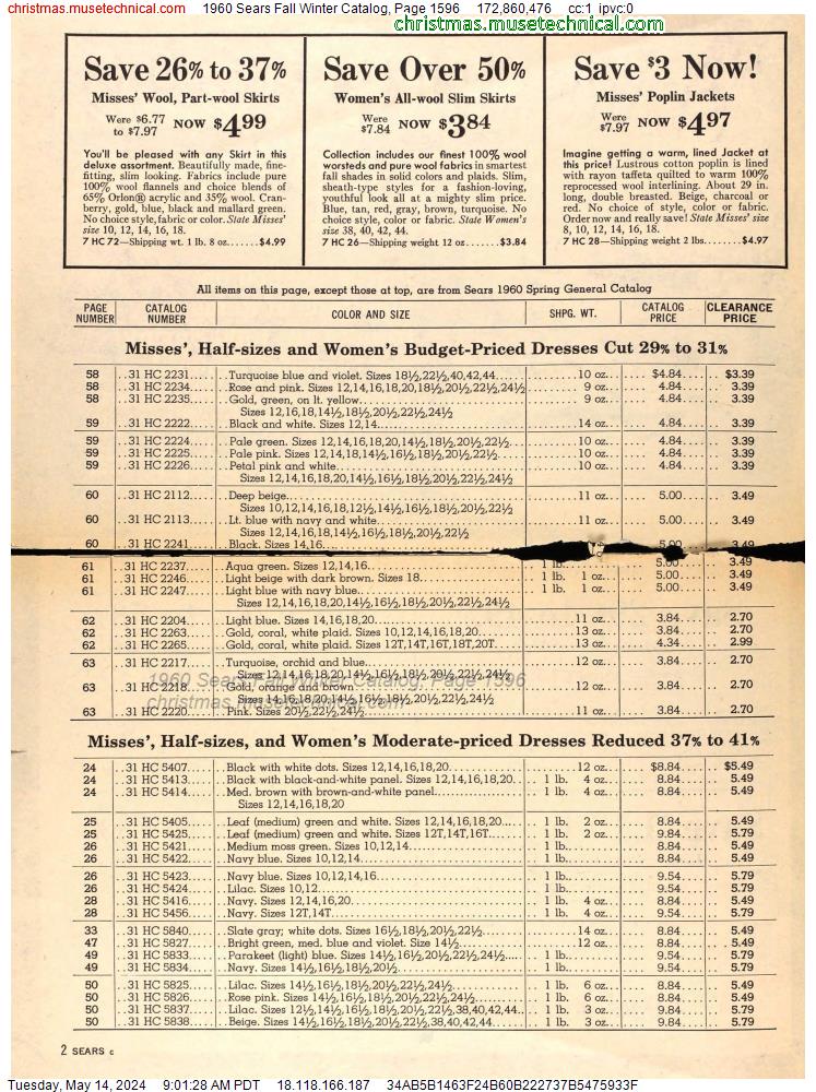 1960 Sears Fall Winter Catalog, Page 1596