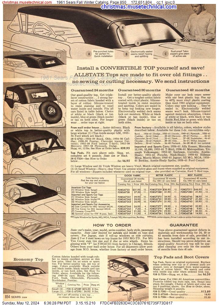 1961 Sears Fall Winter Catalog, Page 850