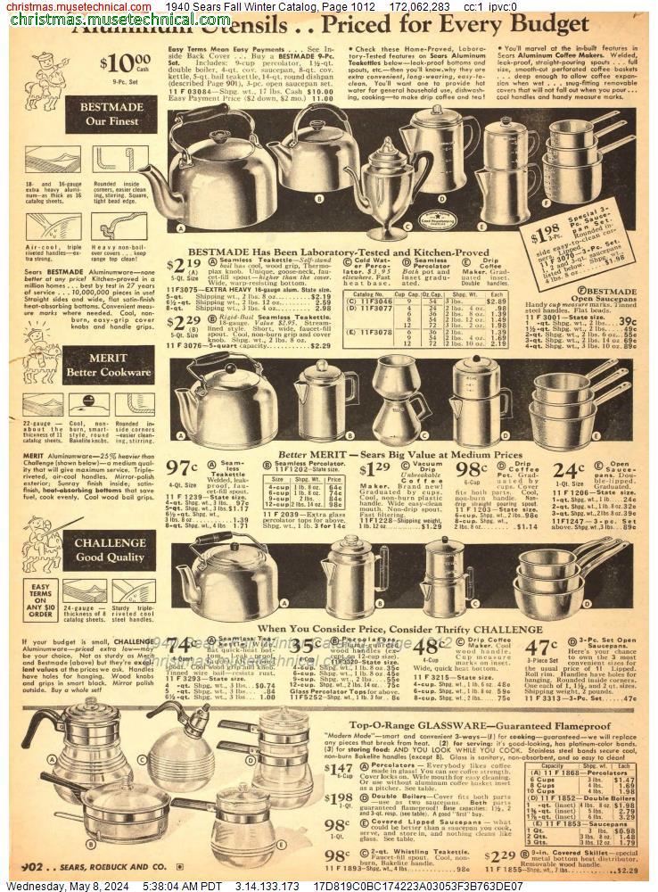 1940 Sears Fall Winter Catalog, Page 1012