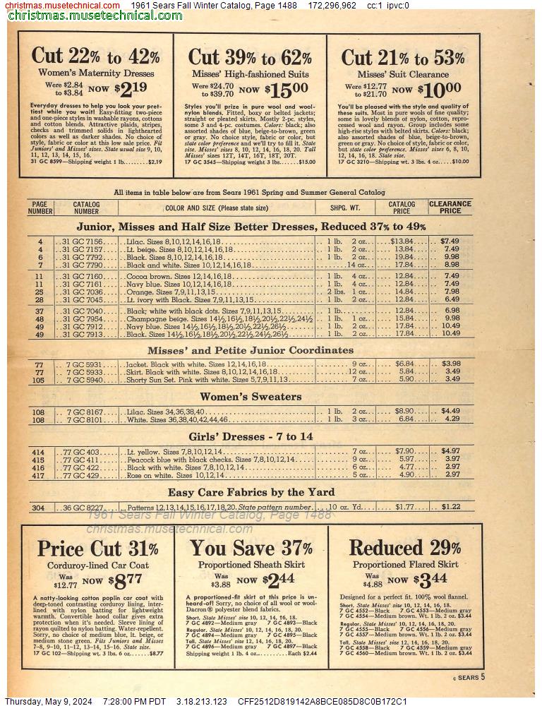 1961 Sears Fall Winter Catalog, Page 1488