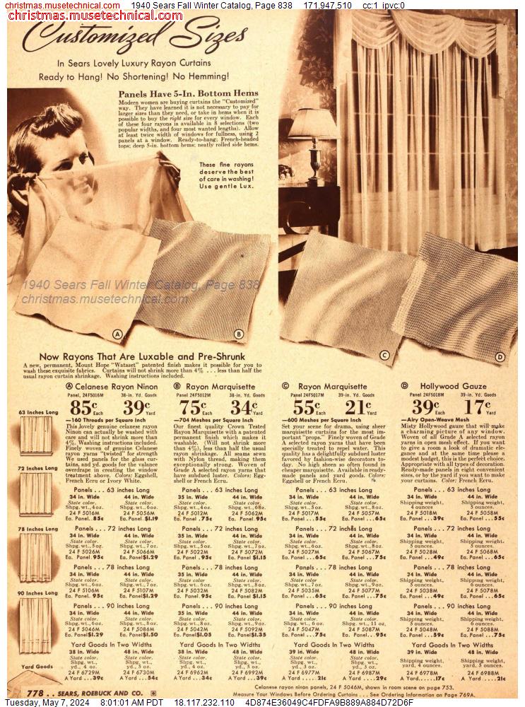 1940 Sears Fall Winter Catalog, Page 838