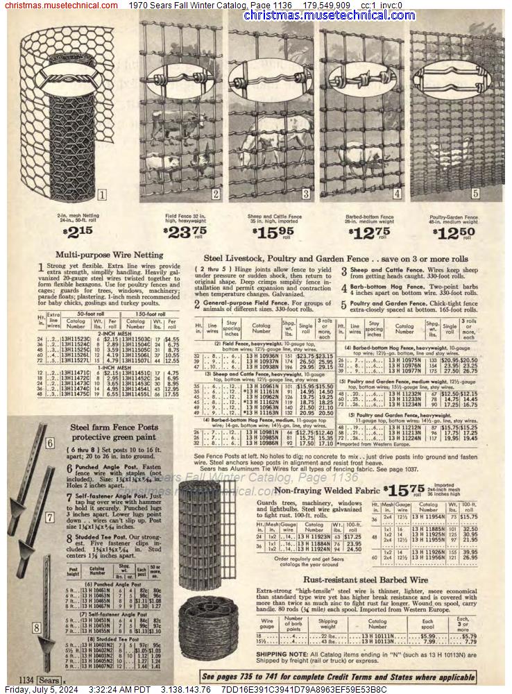1970 Sears Fall Winter Catalog, Page 1136
