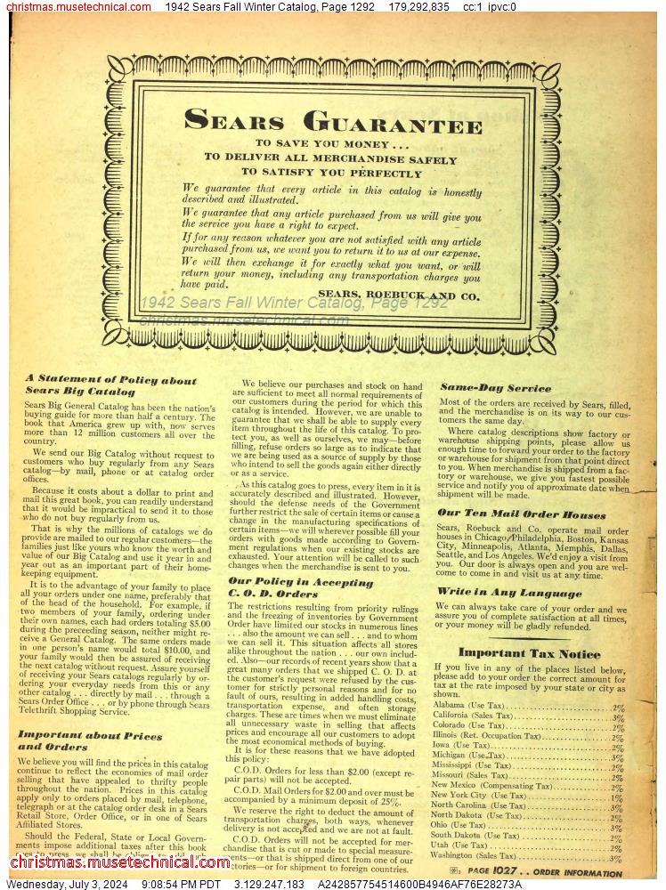 1942 Sears Fall Winter Catalog, Page 1292