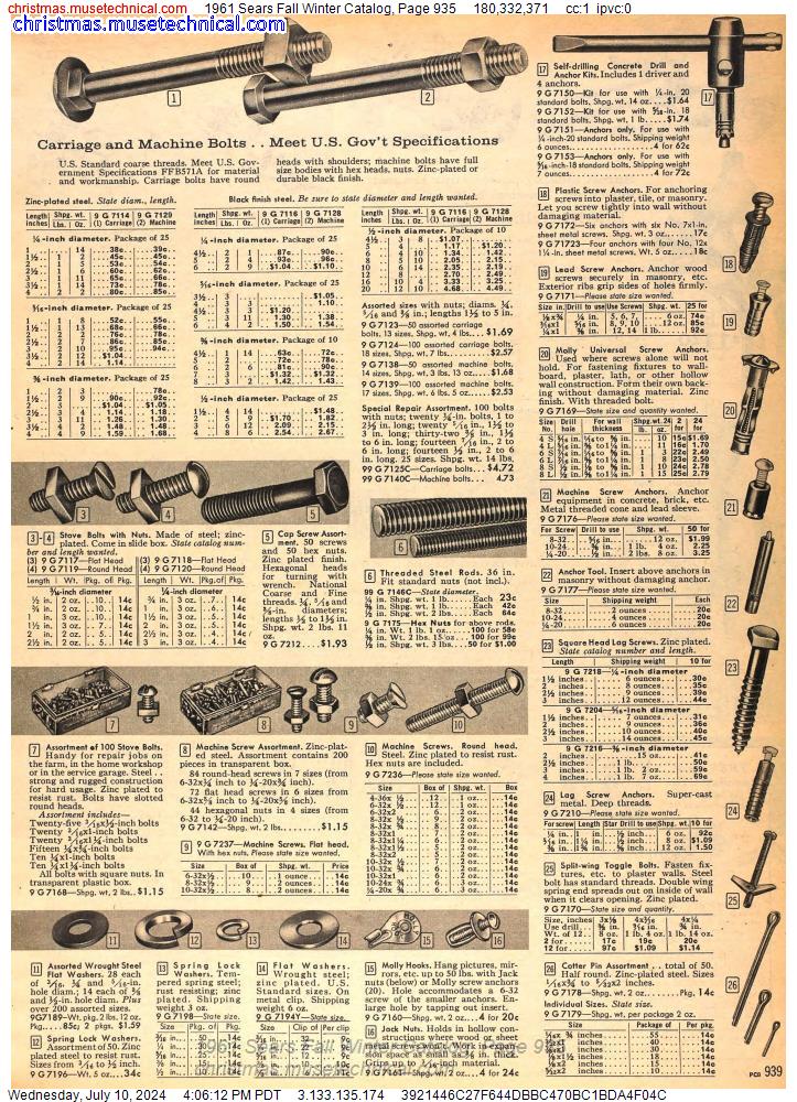 1961 Sears Fall Winter Catalog, Page 935