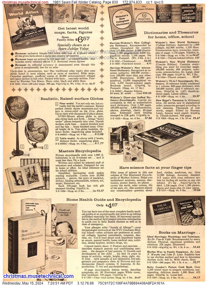 1961 Sears Fall Winter Catalog, Page 830