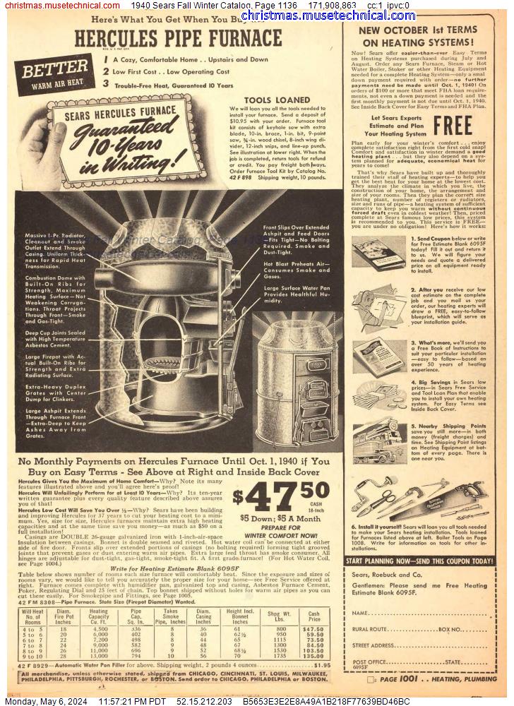 1940 Sears Fall Winter Catalog, Page 1136