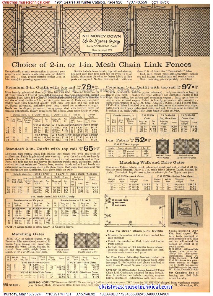 1961 Sears Fall Winter Catalog, Page 926