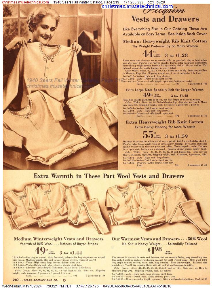 1940 Sears Fall Winter Catalog, Page 219