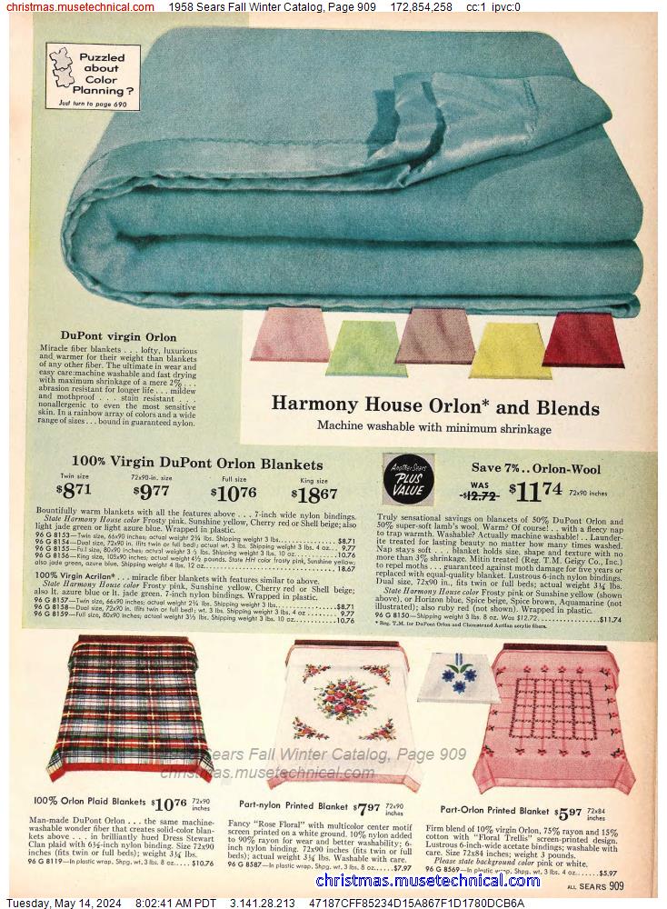 1958 Sears Fall Winter Catalog, Page 909