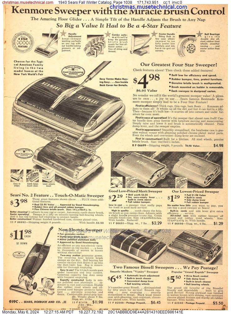 1940 Sears Fall Winter Catalog, Page 1038