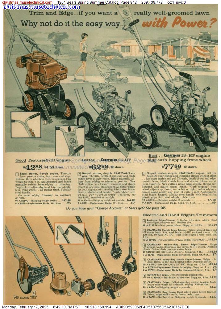 1961 Sears Spring Summer Catalog, Page 942