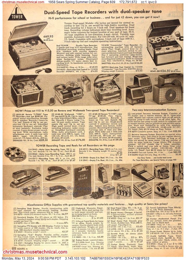 1958 Sears Spring Summer Catalog, Page 609