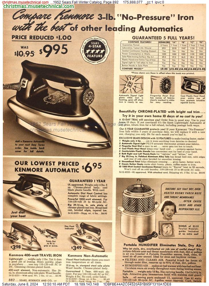 1952 Sears Fall Winter Catalog, Page 892