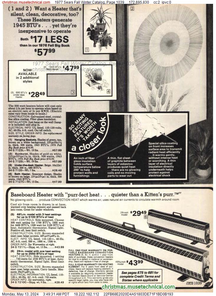 1977 Sears Fall Winter Catalog, Page 1039