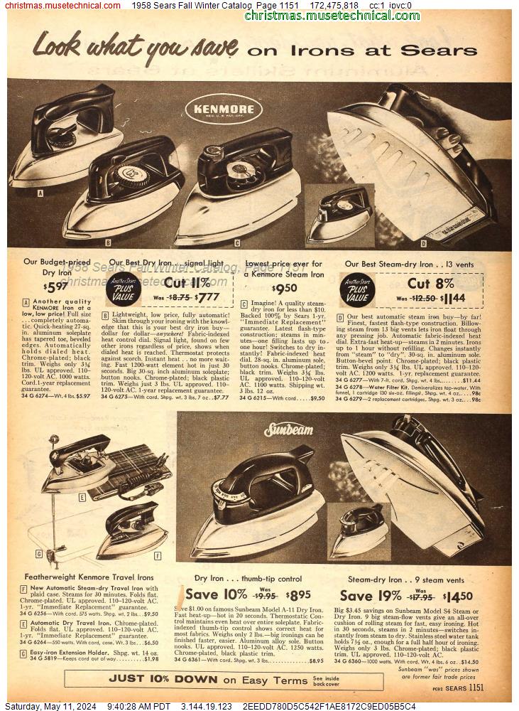 1958 Sears Fall Winter Catalog, Page 1151