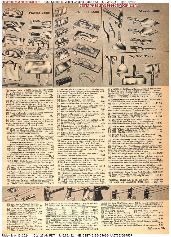 1961 Sears Fall Winter Catalog, Page 943