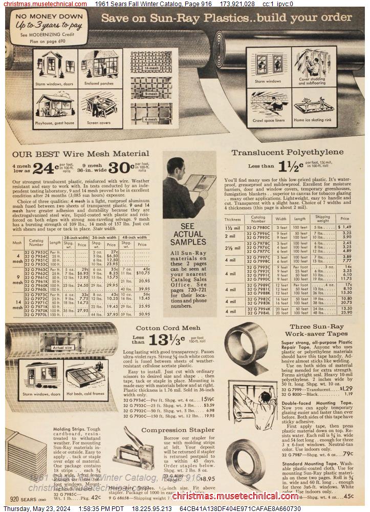 1961 Sears Fall Winter Catalog, Page 916