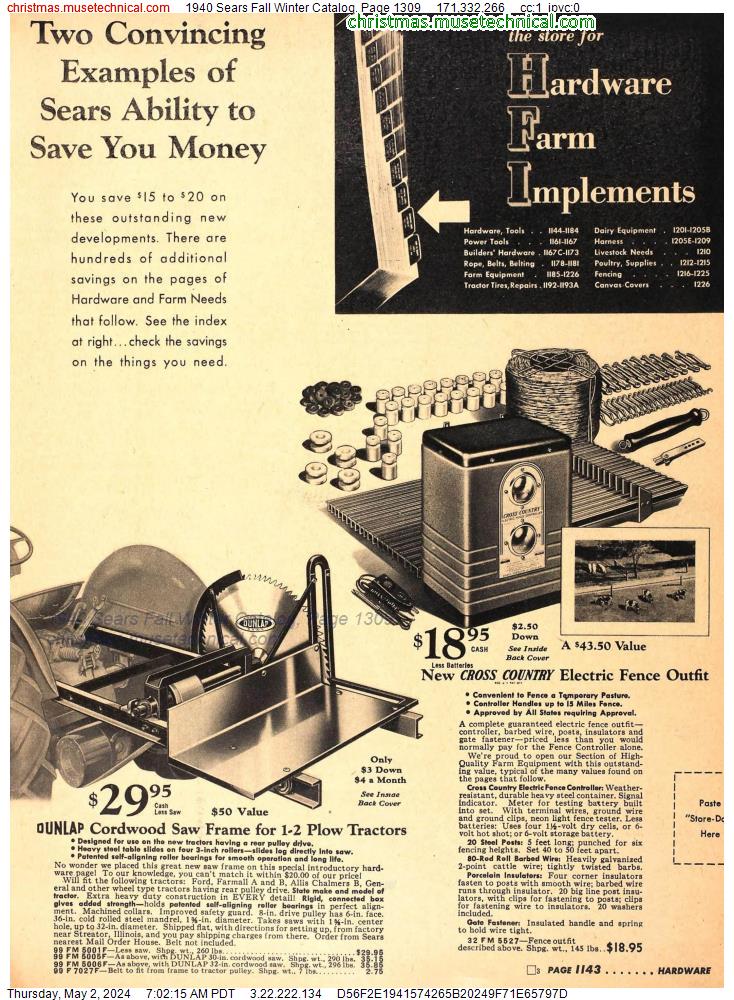 1940 Sears Fall Winter Catalog, Page 1309