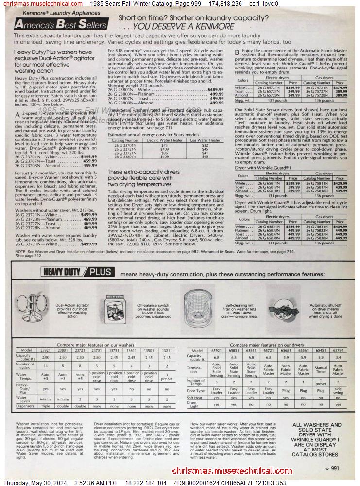 1985 Sears Fall Winter Catalog, Page 999