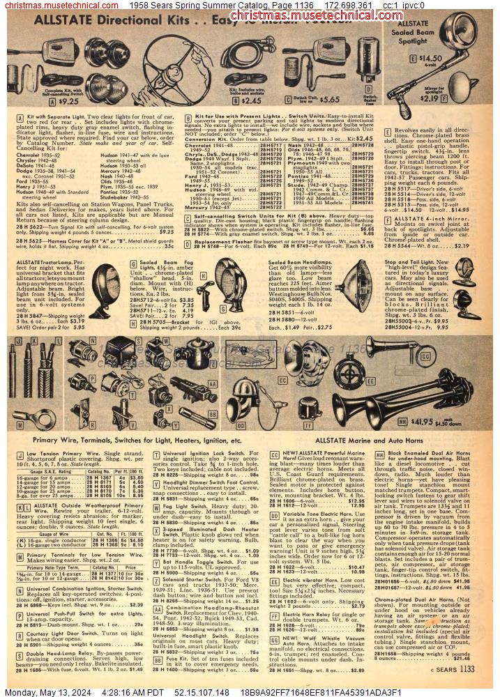 1958 Sears Spring Summer Catalog, Page 1136