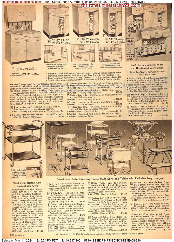 1958 Sears Spring Summer Catalog, Page 835