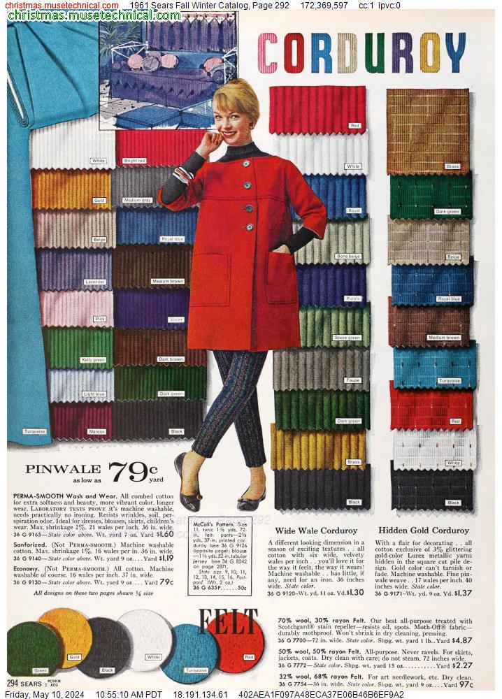 1961 Sears Fall Winter Catalog, Page 292